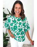 Green Floral Printed Ruffled Short Sleeve Round Neck Loose Blouse - L