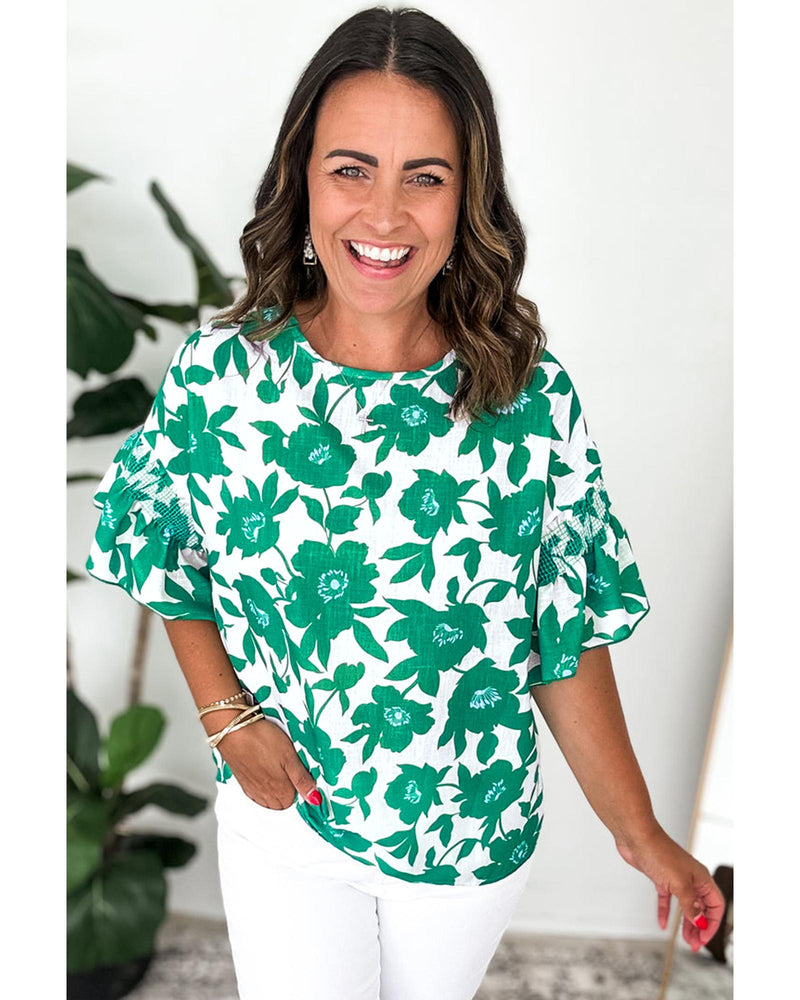 Green Floral Printed Ruffled Short Sleeve Round Neck Loose Blouse - L