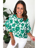 Green Floral Printed Ruffled Short Sleeve Round Neck Loose Blouse - L