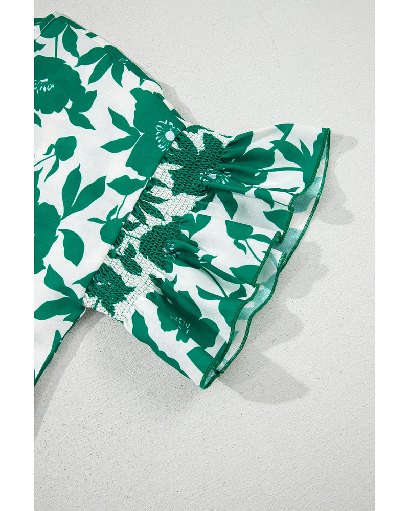 Green Floral Printed Ruffled Short Sleeve Round Neck Loose Blouse - L