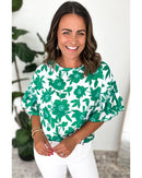 Green Floral Printed Ruffled Short Sleeve Round Neck Loose Blouse - L