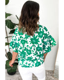 Green Floral Printed Ruffled Short Sleeve Round Neck Loose Blouse - L