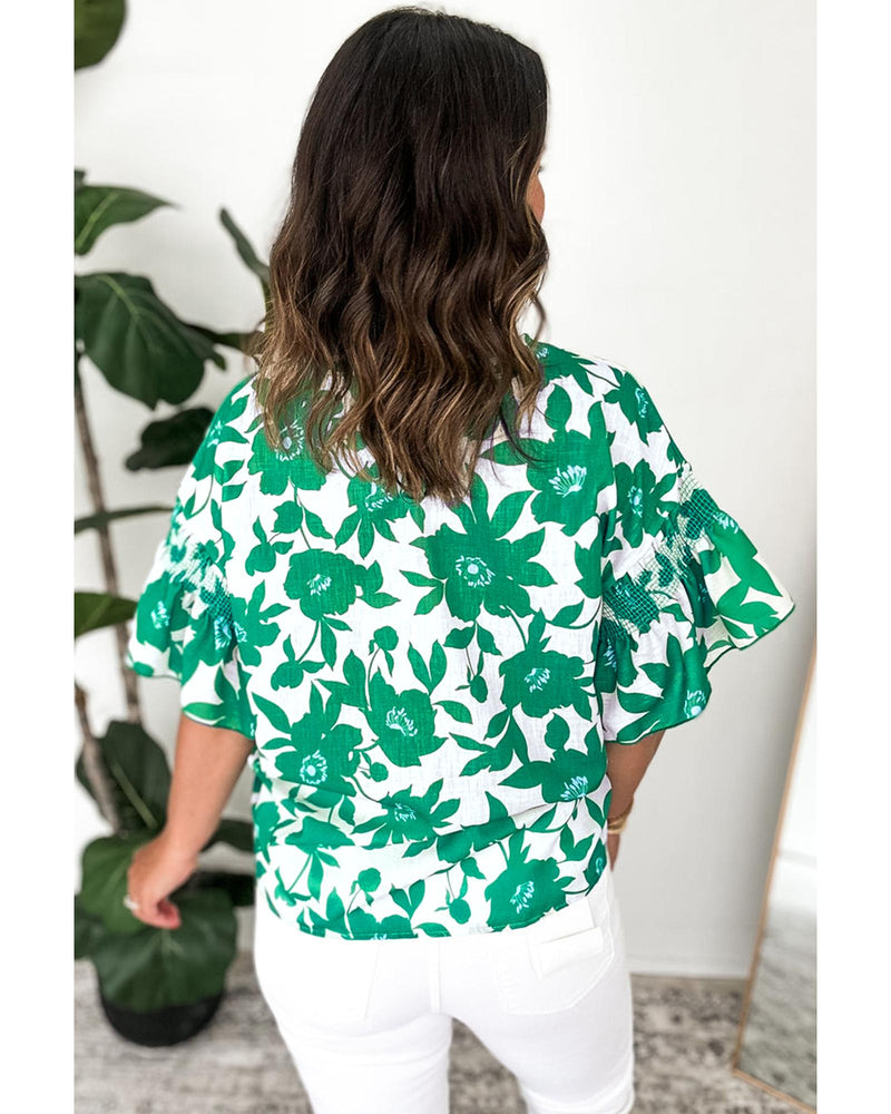 Green Floral Printed Ruffled Short Sleeve Round Neck Loose Blouse - L