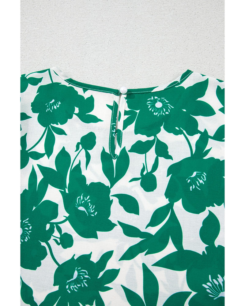 Green Floral Printed Ruffled Short Sleeve Round Neck Loose Blouse - L