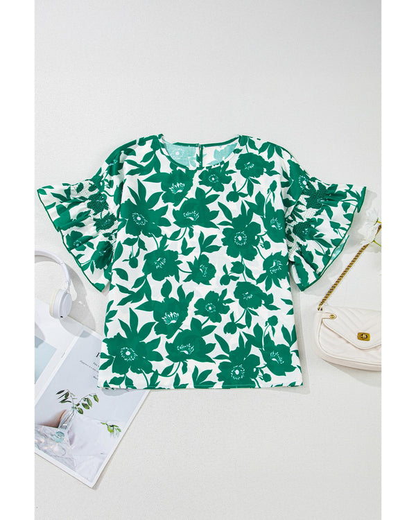 Green Floral Printed Ruffled Short Sleeve Round Neck Loose Blouse - M