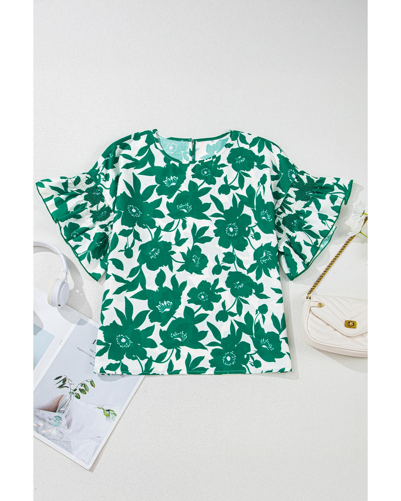 Green Floral Printed Ruffled Short Sleeve Round Neck Loose Blouse - M