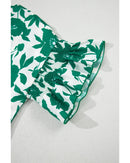 Green Floral Printed Ruffled Short Sleeve Round Neck Loose Blouse - M