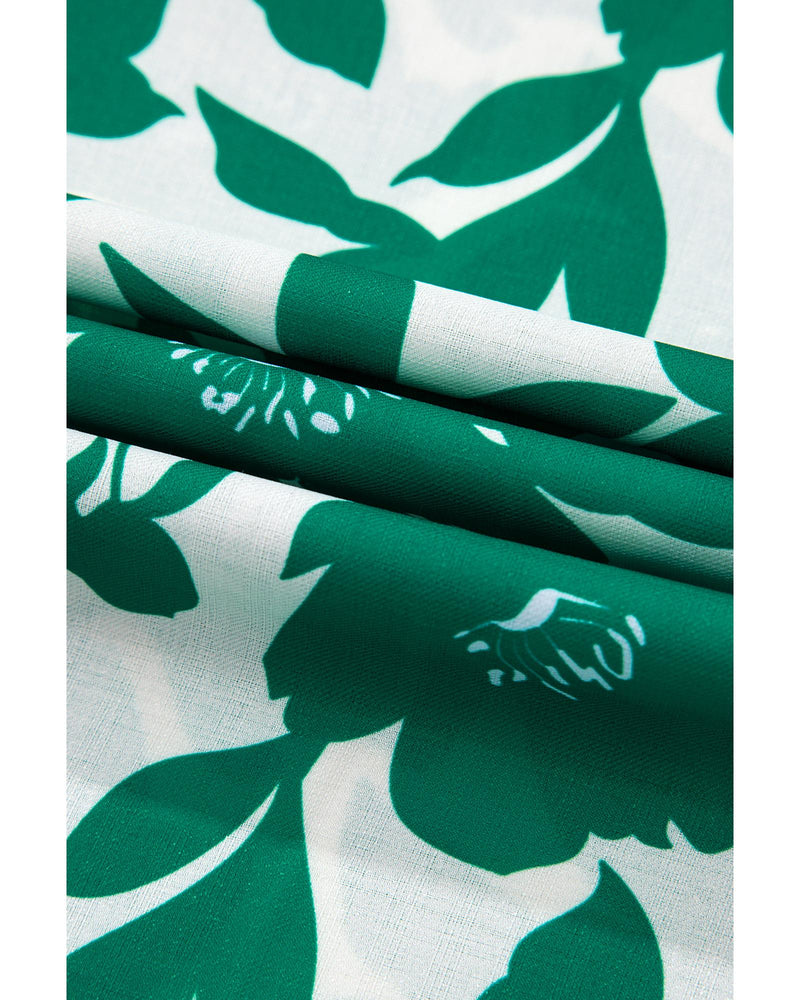 Green Floral Printed Ruffled Short Sleeve Round Neck Loose Blouse - M