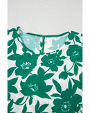 Green Floral Printed Ruffled Short Sleeve Round Neck Loose Blouse - S