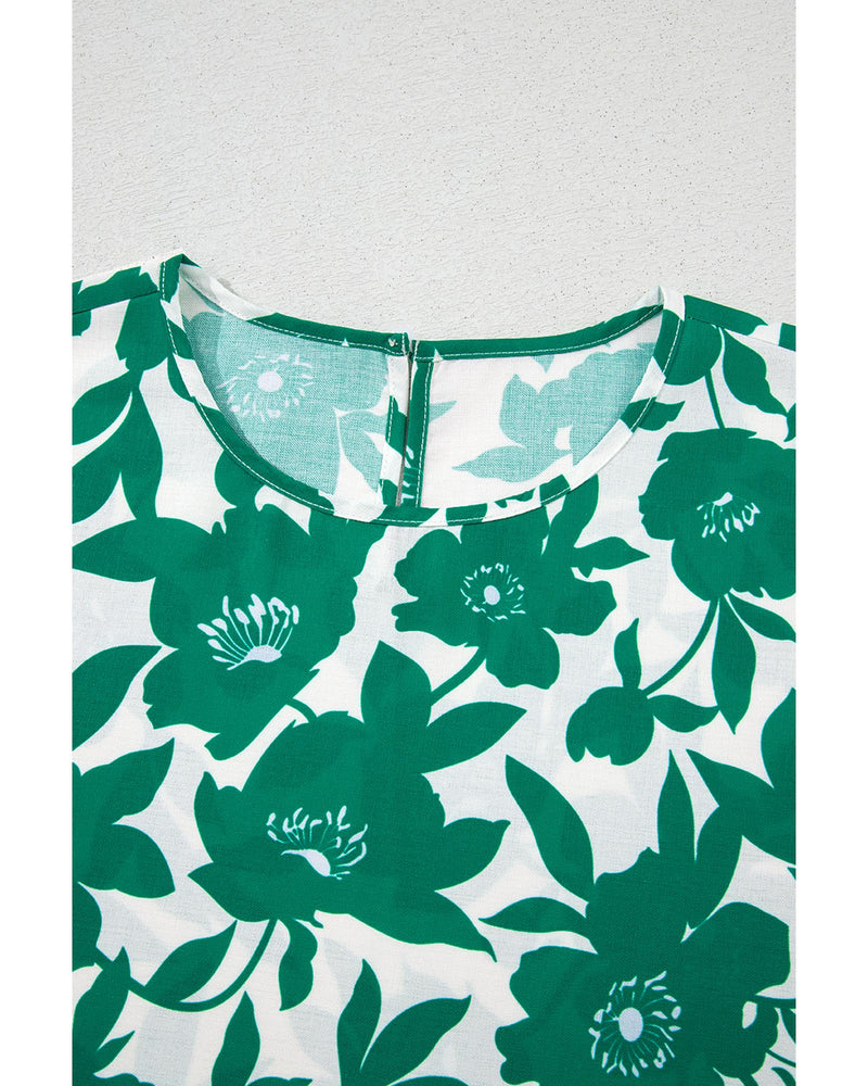 Green Floral Printed Ruffled Short Sleeve Round Neck Loose Blouse - S