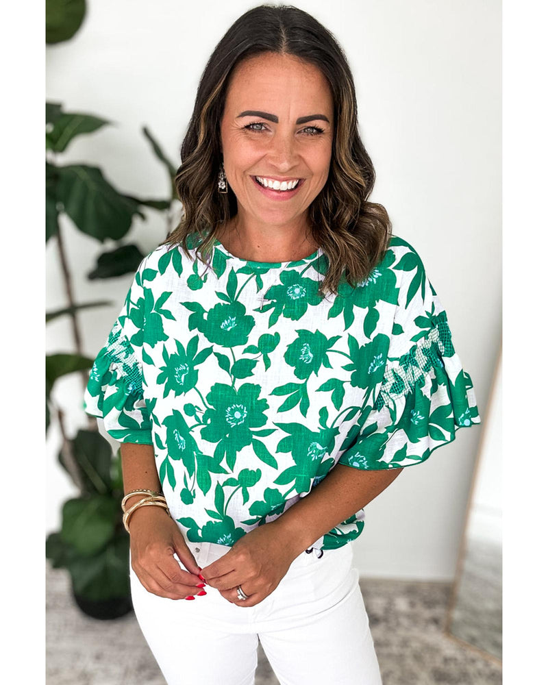 Green Floral Printed Ruffled Short Sleeve Round Neck Loose Blouse - S