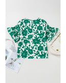 Green Floral Printed Ruffled Short Sleeve Round Neck Loose Blouse - S