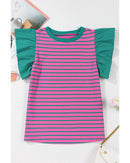 Pink Stripe Colorblock Ruffled Sleeve Crew Neck Blouse - L