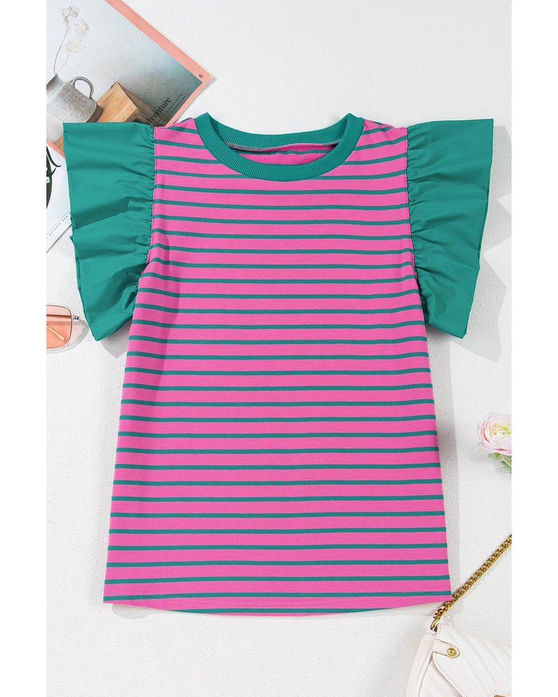 Pink Stripe Colorblock Ruffled Sleeve Crew Neck Blouse - L