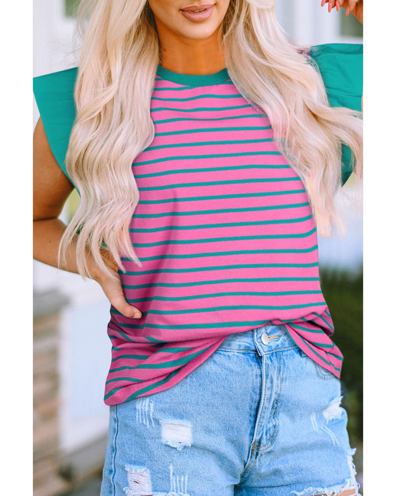 Pink Stripe Colorblock Ruffled Sleeve Crew Neck Blouse - L