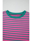 Pink Stripe Colorblock Ruffled Sleeve Crew Neck Blouse - L