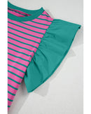 Pink Stripe Colorblock Ruffled Sleeve Crew Neck Blouse - L