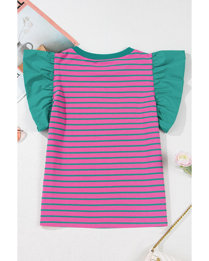 Pink Stripe Colorblock Ruffled Sleeve Crew Neck Blouse - M