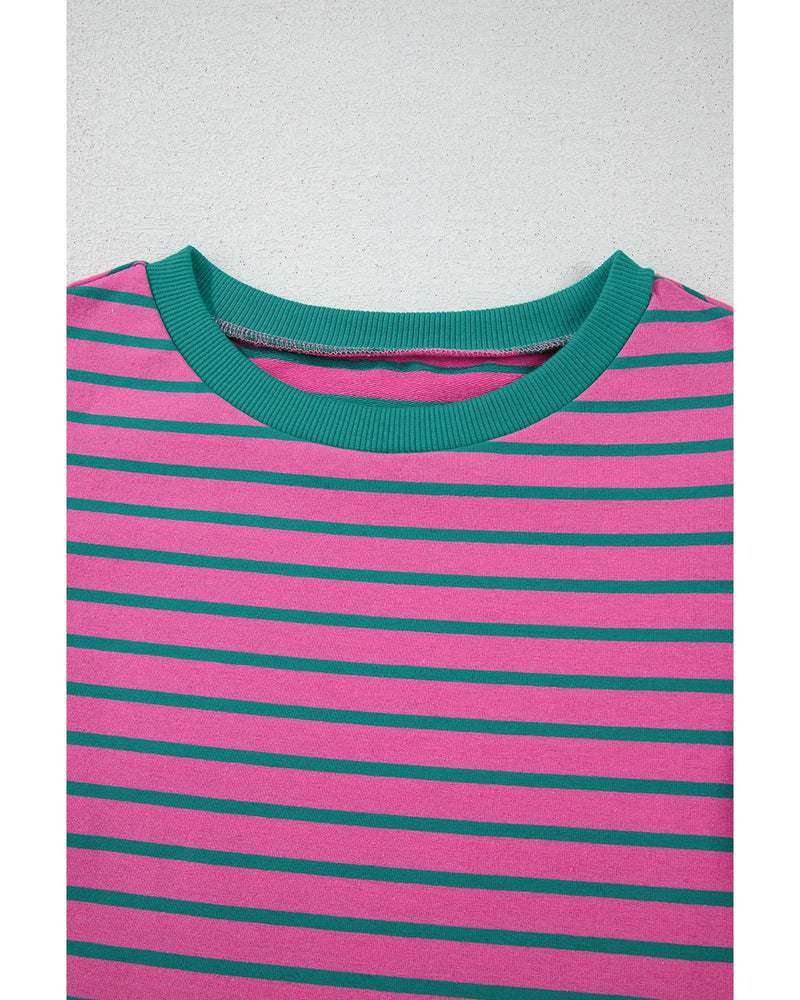 Pink Stripe Colorblock Ruffled Sleeve Crew Neck Blouse - M
