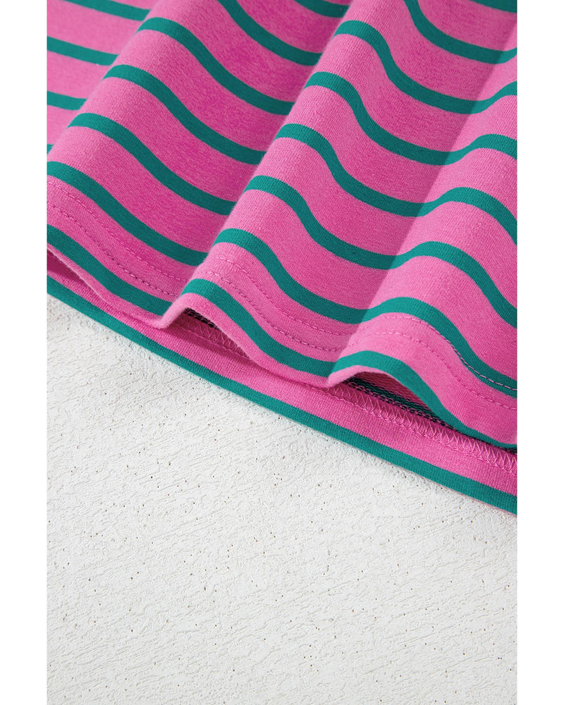 Pink Stripe Colorblock Ruffled Sleeve Crew Neck Blouse - S