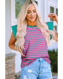 Pink Stripe Colorblock Ruffled Sleeve Crew Neck Blouse - S