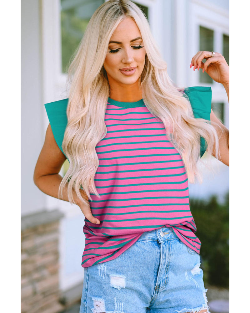 Pink Stripe Colorblock Ruffled Sleeve Crew Neck Blouse - S