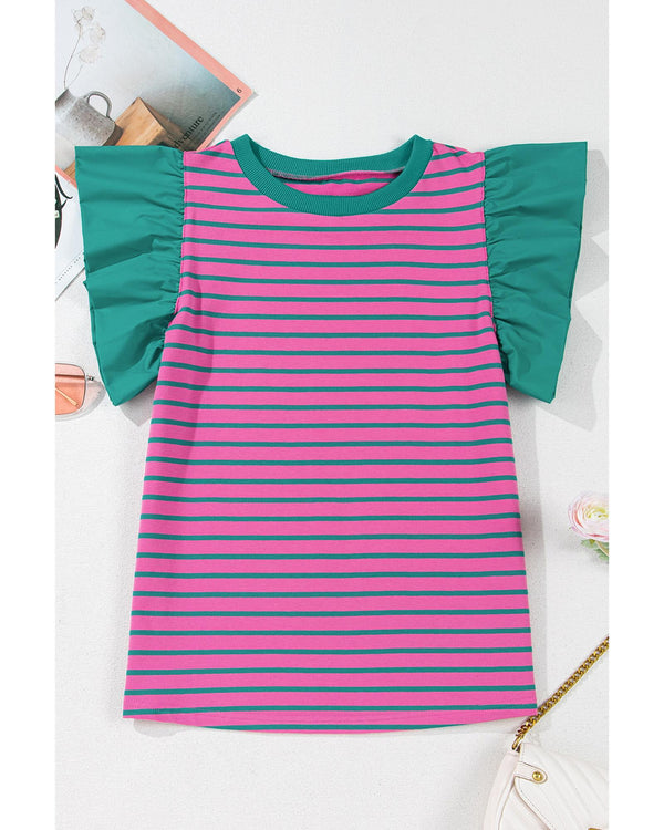 Pink Stripe Colorblock Ruffled Sleeve Crew Neck Blouse - XL