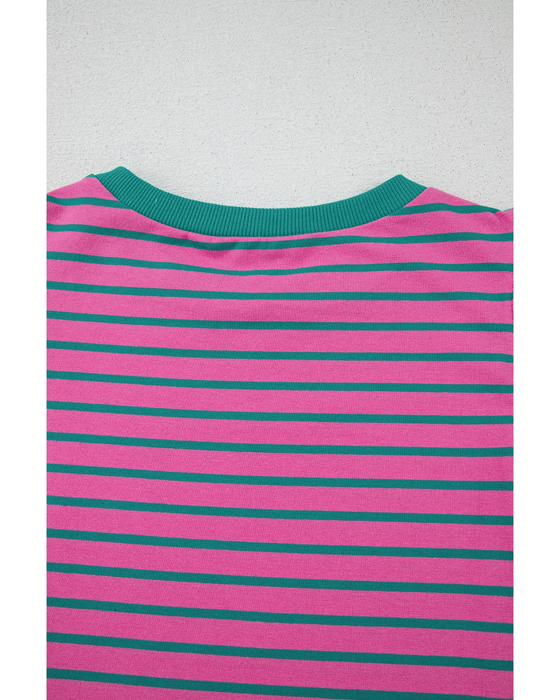 Pink Stripe Colorblock Ruffled Sleeve Crew Neck Blouse - XL