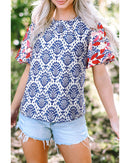 Blue Western Fashion Print Floral Puff Sleeve Frilled Neck Blouse - M