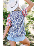 Blue Western Fashion Print Floral Puff Sleeve Frilled Neck Blouse - M