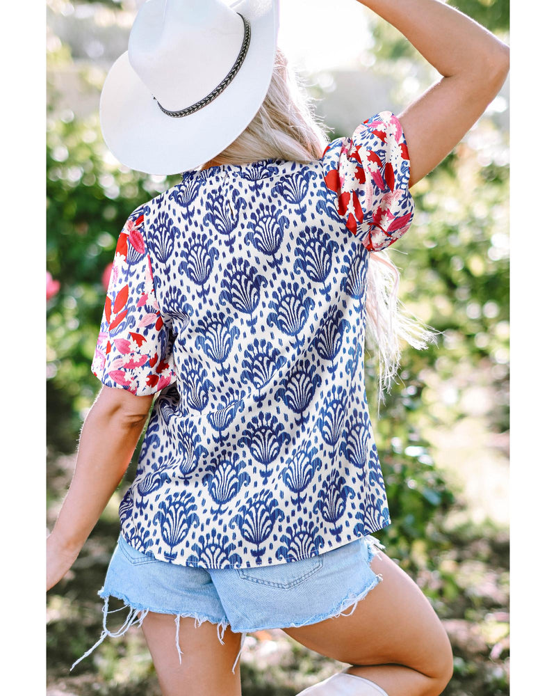 Blue Western Fashion Print Floral Puff Sleeve Frilled Neck Blouse - M