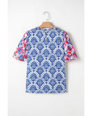 Blue Western Fashion Print Floral Puff Sleeve Frilled Neck Blouse - M