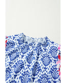 Blue Western Fashion Print Floral Puff Sleeve Frilled Neck Blouse - M