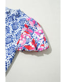 Blue Western Fashion Print Floral Puff Sleeve Frilled Neck Blouse - M