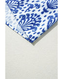 Blue Western Fashion Print Floral Puff Sleeve Frilled Neck Blouse - M