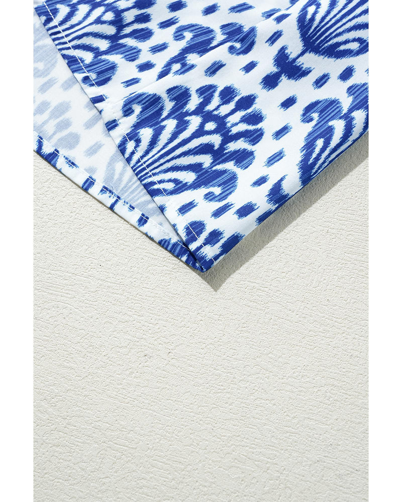 Blue Western Fashion Print Floral Puff Sleeve Frilled Neck Blouse - M