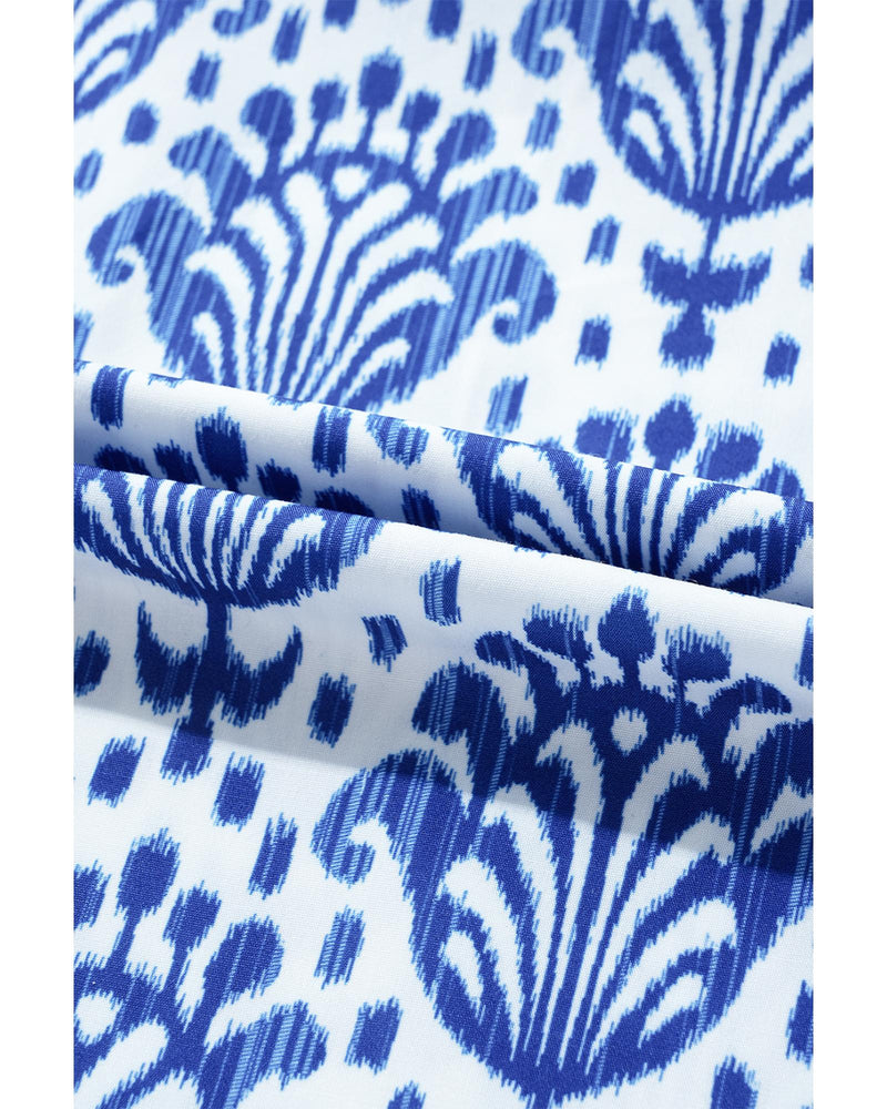 Blue Western Fashion Print Floral Puff Sleeve Frilled Neck Blouse - M