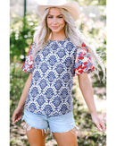 Blue Western Fashion Print Floral Puff Sleeve Frilled Neck Blouse - S