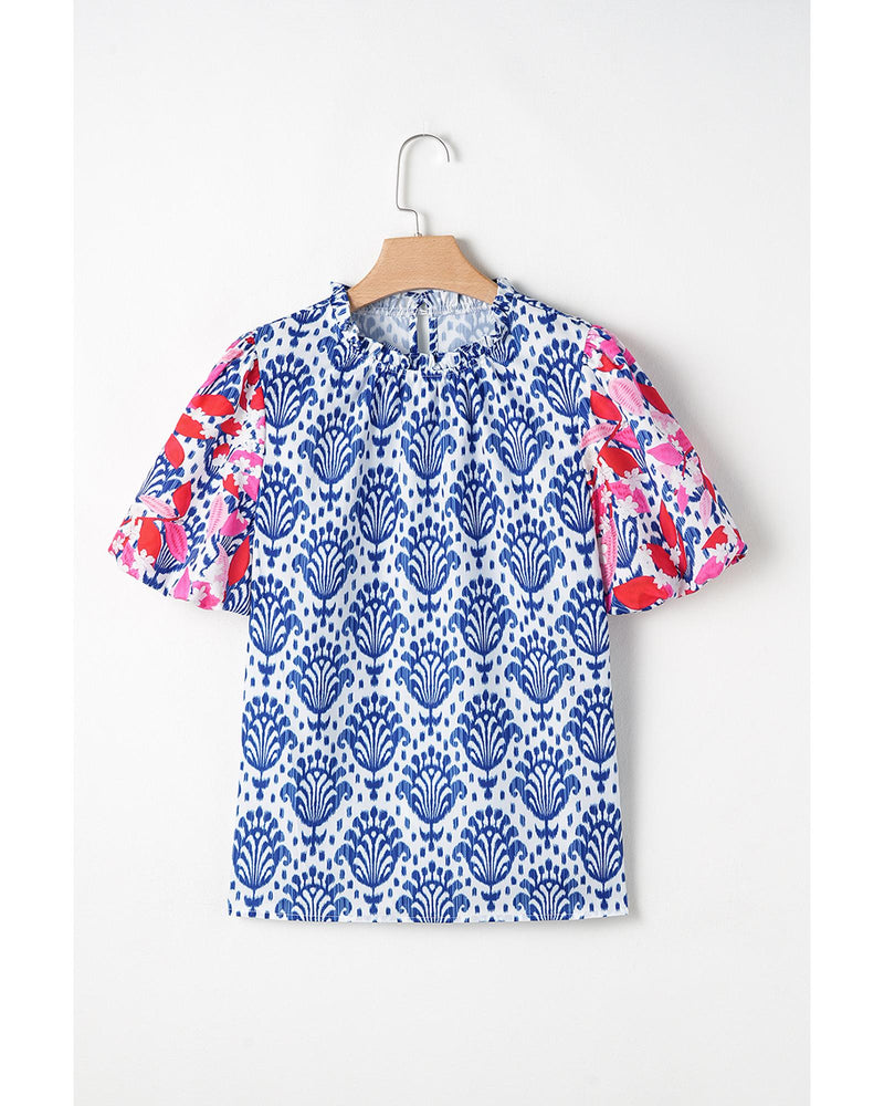 Blue Western Fashion Print Floral Puff Sleeve Frilled Neck Blouse - S