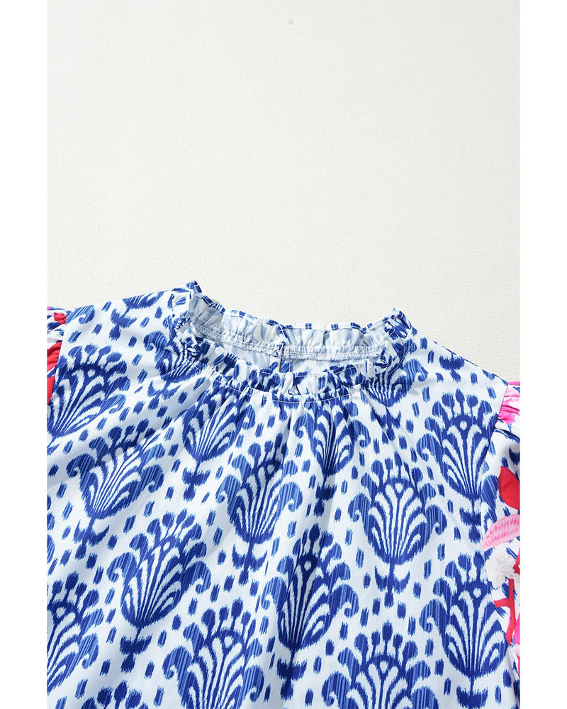 Blue Western Fashion Print Floral Puff Sleeve Frilled Neck Blouse - S