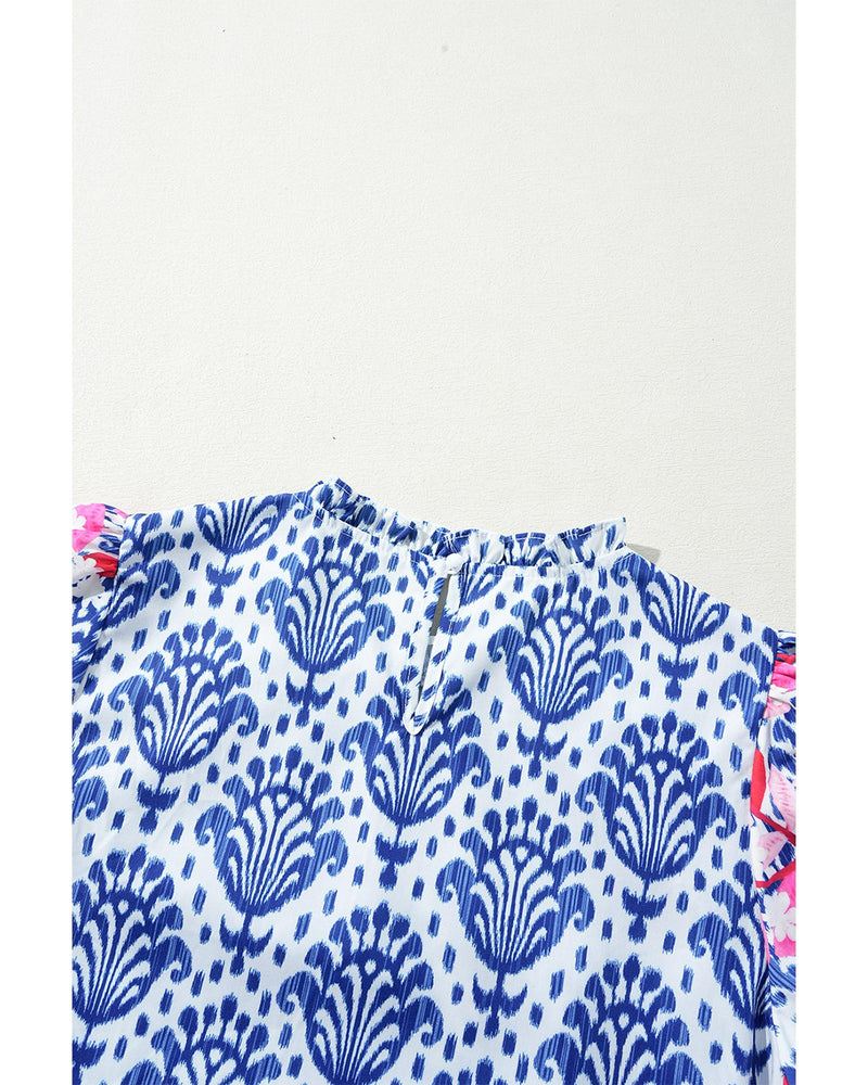Blue Western Fashion Print Floral Puff Sleeve Frilled Neck Blouse - S