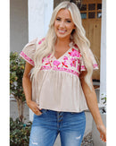 Beige Floral Embroidered Short Sleeve Notched V Neck Blouse - L