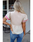 Beige Floral Embroidered Short Sleeve Notched V Neck Blouse - L
