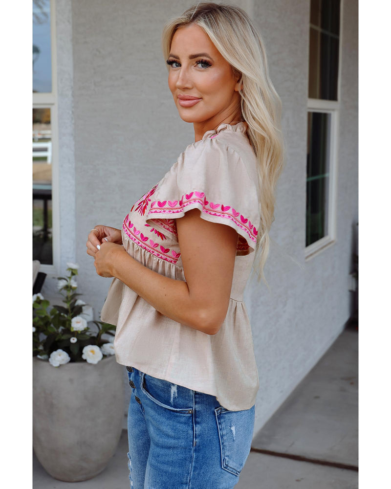 Beige Floral Embroidered Short Sleeve Notched V Neck Blouse - L