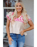 Beige Floral Embroidered Short Sleeve Notched V Neck Blouse - L