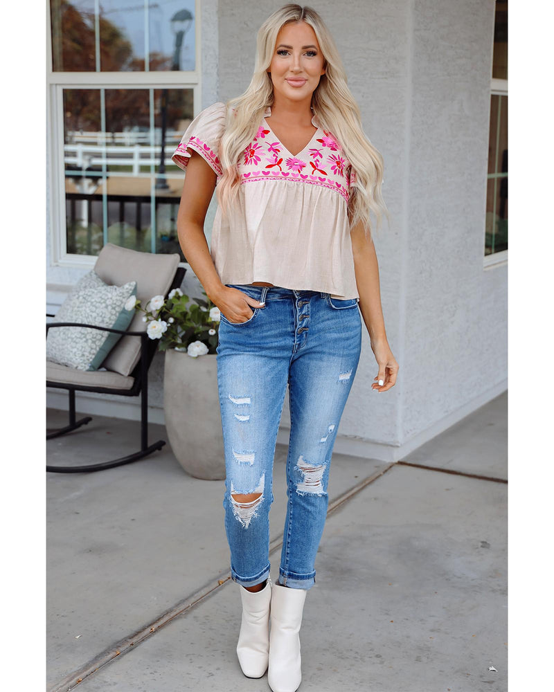 Beige Floral Embroidered Short Sleeve Notched V Neck Blouse - L
