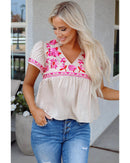 Beige Floral Embroidered Short Sleeve Notched V Neck Blouse - M