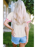 Beige Floral Embroidered Short Sleeve Notched V Neck Blouse - M