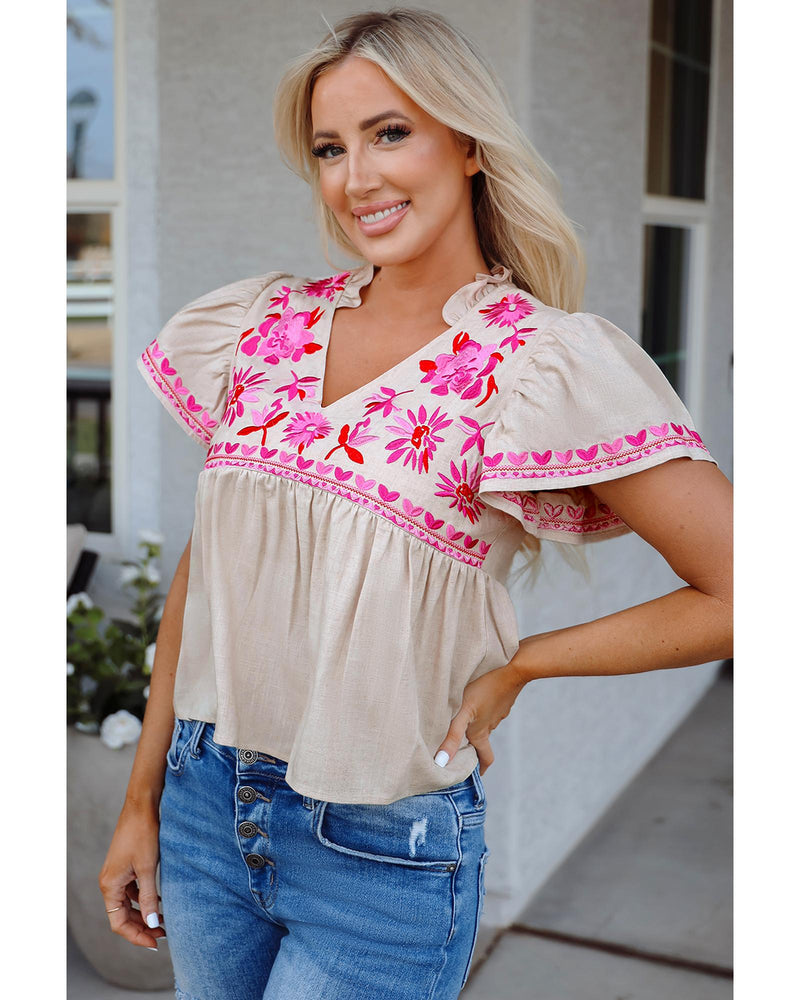 Beige Floral Embroidered Short Sleeve Notched V Neck Blouse - S