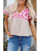 Beige Floral Embroidered Short Sleeve Notched V Neck Blouse - XL